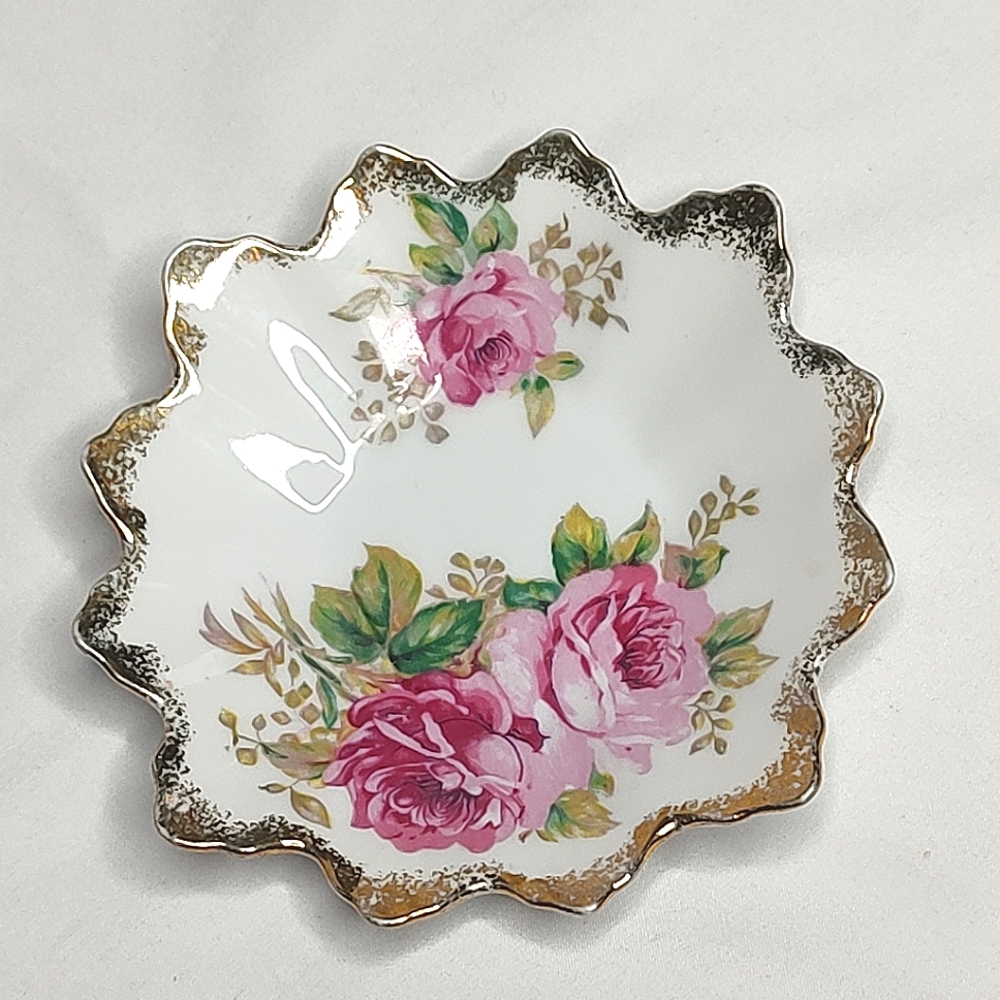 American Beauty Rose Signed White Pink Roses Dish Bowl Chinaware Candy Dish